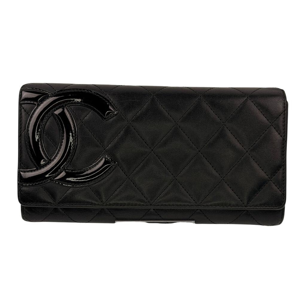 Calfskin Quilted Cambon Gusset Flap Wallet Black